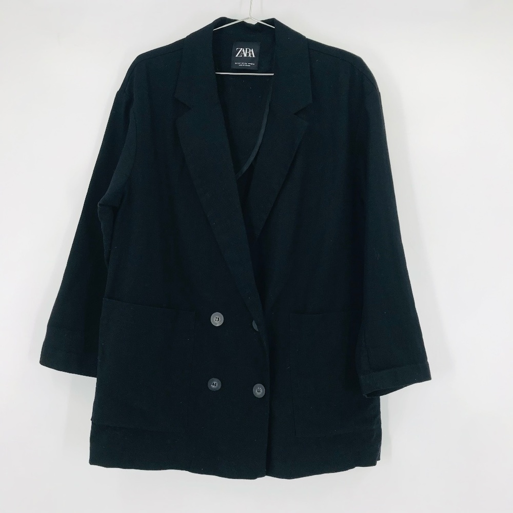 Zara Women's Linen Cotton Double Breasted Blazer Black Size Medium